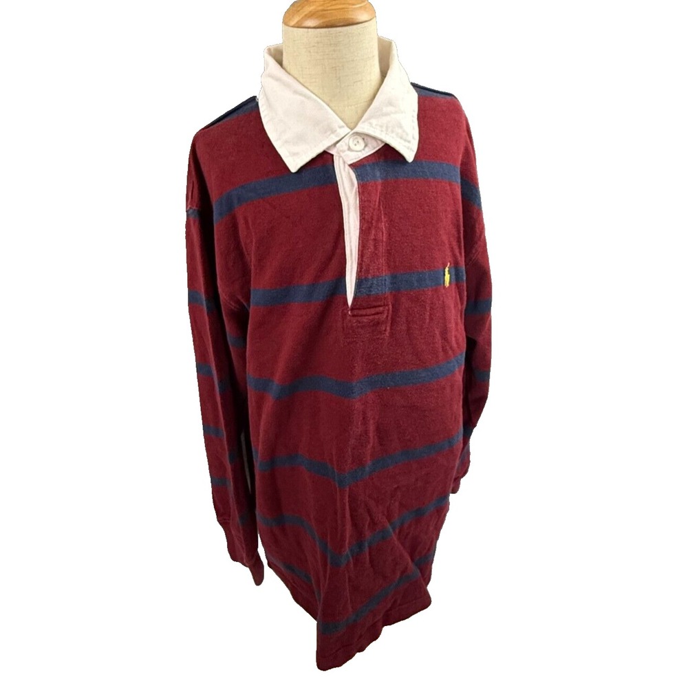 Polo Ralph Lauren Burgundy Navy Striped Long Sleeve Rugby Shirt Youth Large - Picture 3 of 5